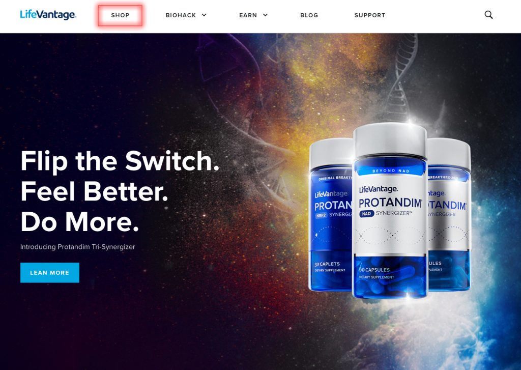 LifeVantage home page with Shop link outlined