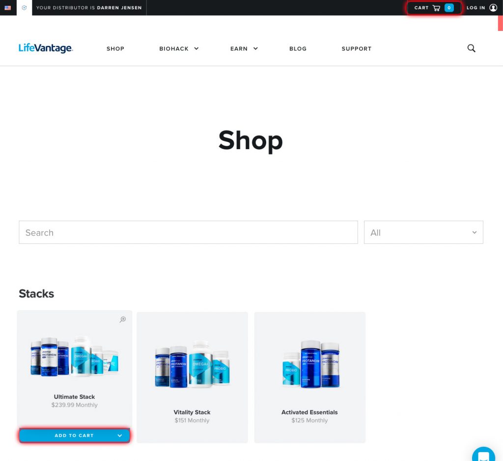 LifeVantage Shop page with Quick Add to Cart function highlighted