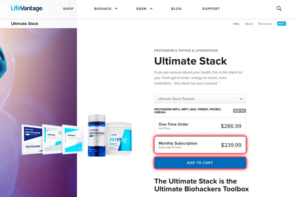 Ultimate Stack product page with Monthly Subscription and Add to Cart buttons highlighted