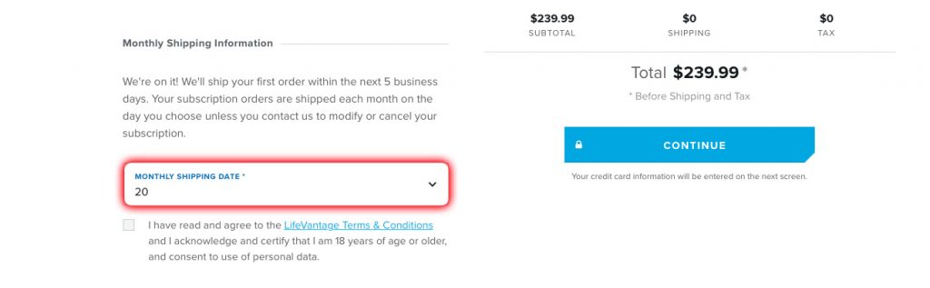 Checkout screen with Monthly Shipping Date section highlighted