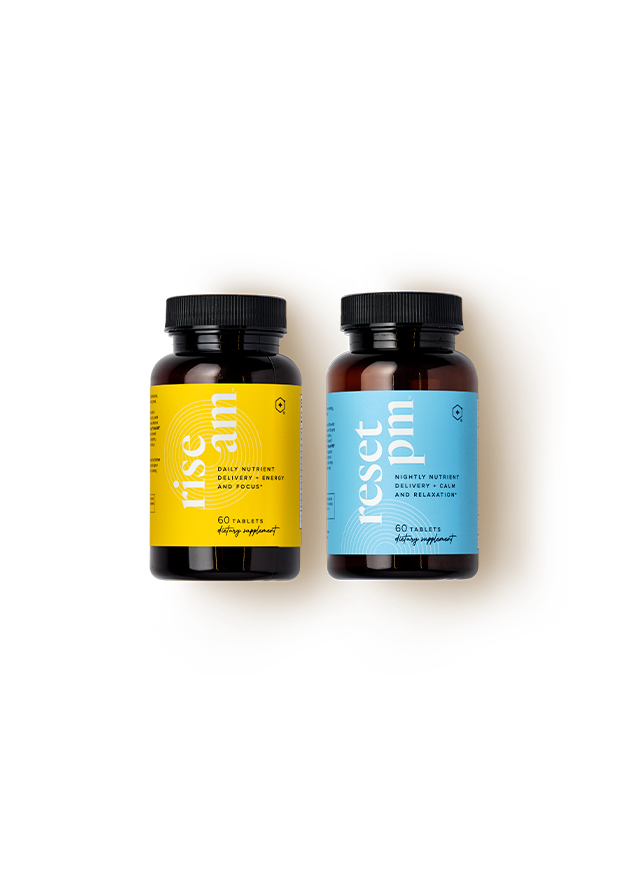 Life Vantage Rise AM and Reset PM multivitamin bottles