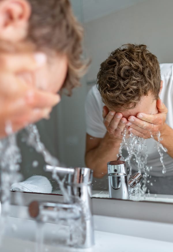 Mann wäscht sein Gesicht am Waschbecken im Badezimmer