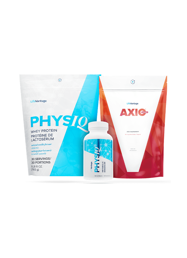 PhysiQ Protein Bag, Metabolic Enhancer bottle, and AXIO bag